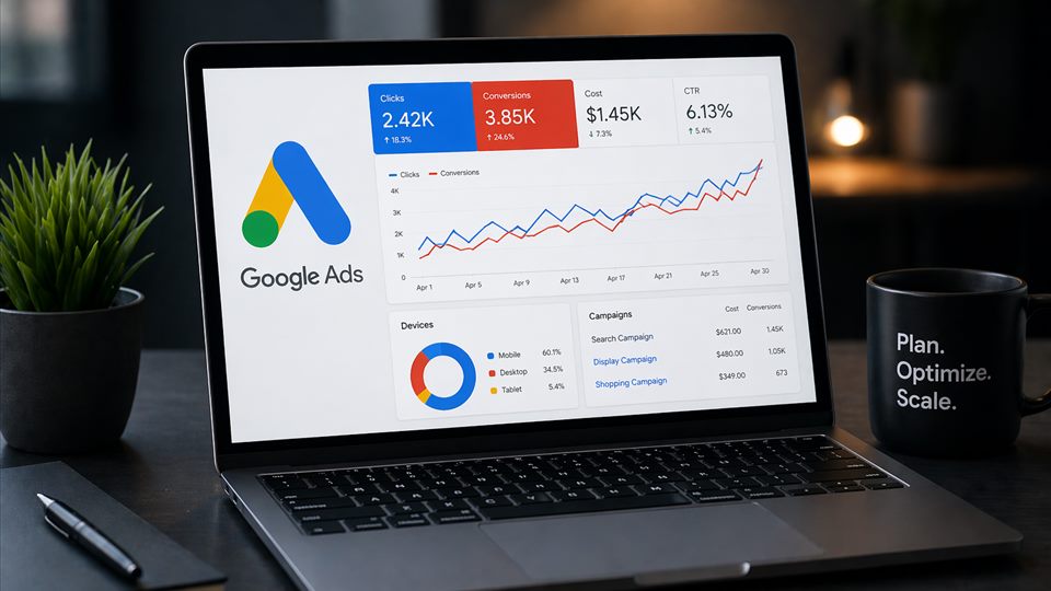 Laptop showing Google Ads reporting dashboard